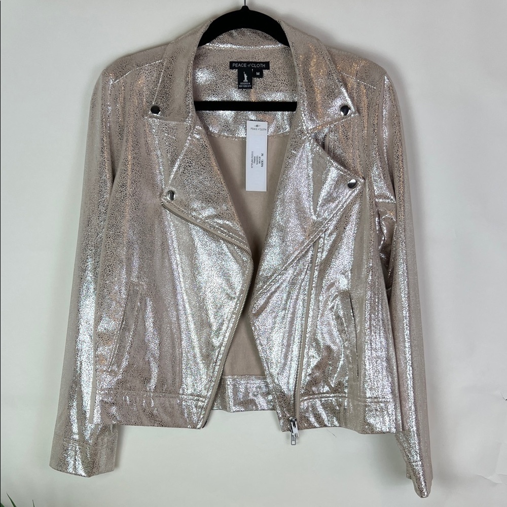 NWT Peace of Cloth Mariel Foiled Suede Moto Jacket Metallic Gold Beige Medium - Picture 4 of 14